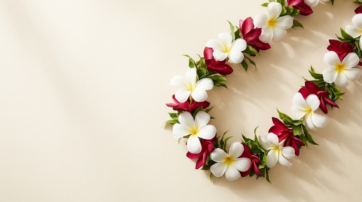 A plumeria lei laid in an open curve on a cream background.