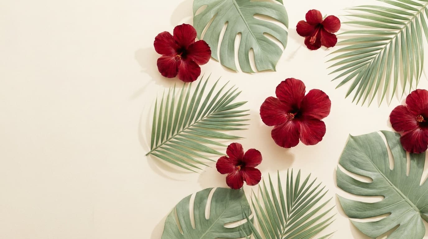 Red hibiscus blossoms and tropical leaves arranged on a cream background.