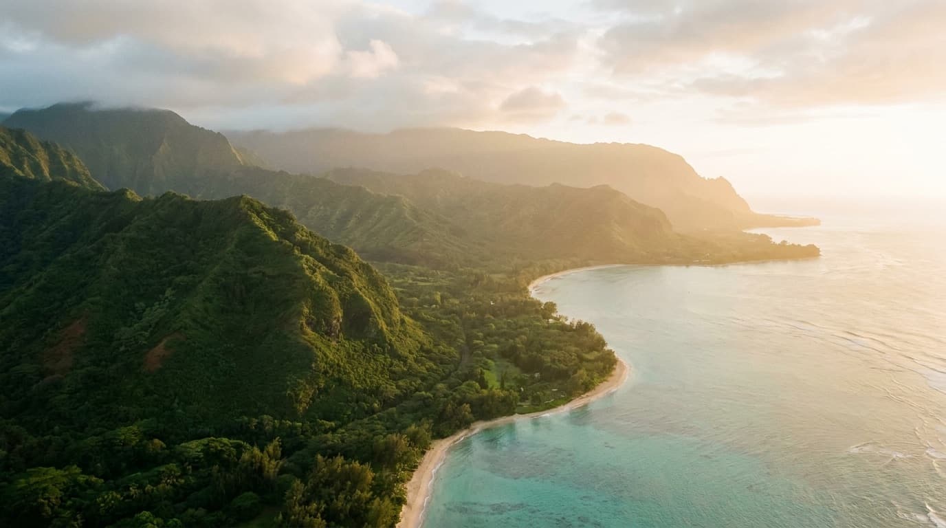 Forested mountain ridges meeting a curving shoreline at sunset.